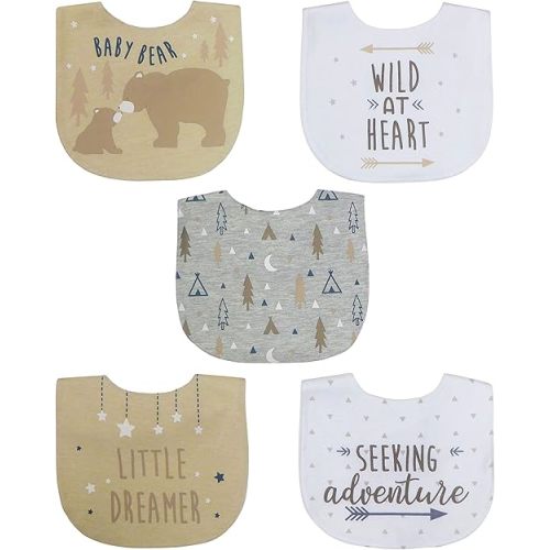 Neat Solutions 5 Pack Aspirational Bib Set with Mixed Fabrics & Water Resistant Inner Core - Boy, Grey Oatmeal While