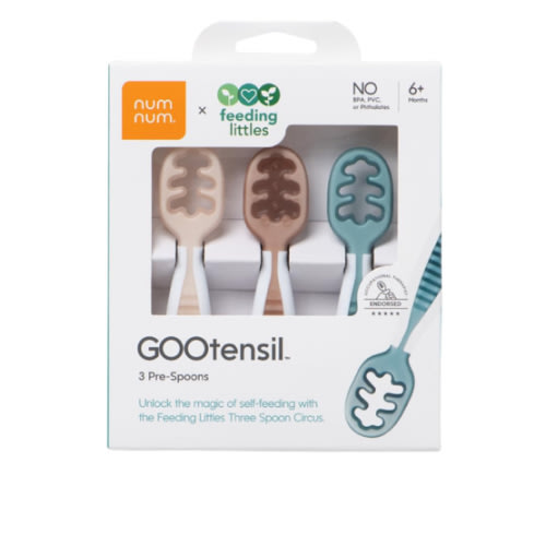 NumNum Baby Spoons Set, Feeding Littles x Silicone Pre-Spoon GOOtensils for Baby Led Weaning, Self-Feeding & Teething, First Stage Toddler Utensils for Ages 6+ Months, 3-Pack, BPA-Free (Neutrals)