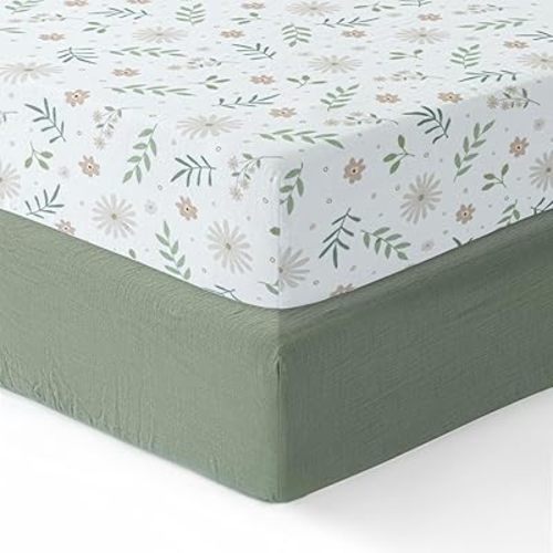 Muslin Crib Sheets Girl,Boy,Soft,Breathable Crib Sheet,2 Pack,Crib Sheet,100% Cotton Crib Sheets for Standard Cribs and Toddler Beds,52x28 Crib Mattress Sheets Fitted | Green and Flowers