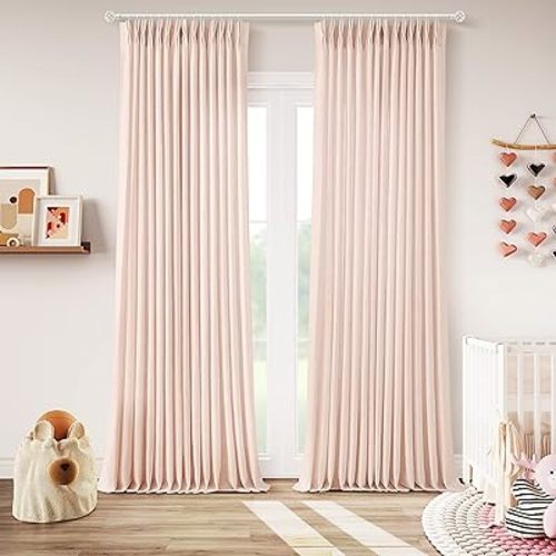 Light Pink Linen Curtains Pinch Pleated 108 Inch Length 2 Panels for Nursery Baby Girls Bedroom Semi Sheer Light Filtering Pleated Linen Curtains for Living Room Bedroom Dusty Blush Pink