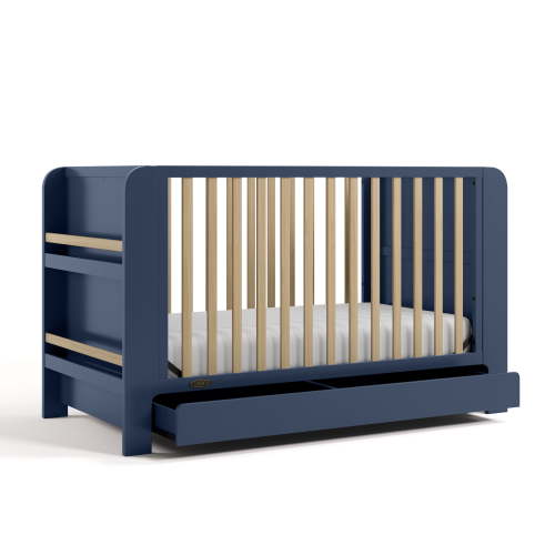 Graco Read-with-Me 4-in-1 Convertible Baby Crib with Drawer, Midnight Blue with Driftwood