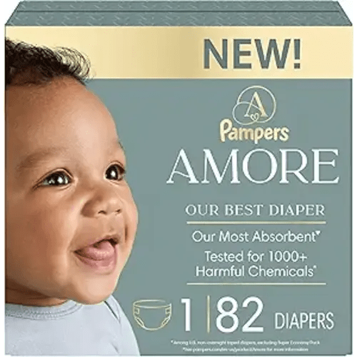 Pampers Amore, Size 1 (8-14 lbs), 82 Count, Our Best Diaper – Hypoallergenic & Fragrance Free, Up to 100% Leakproof, Soft as Cashmere