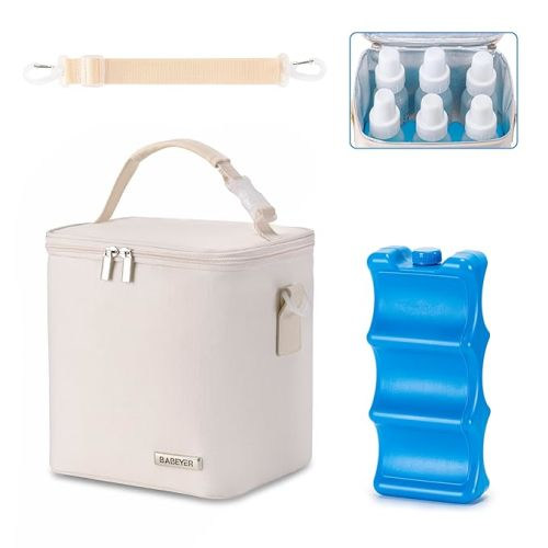 Breastmilk Cooler Bag with Ice Pack Fits 6 Baby Bottles Up to 9 Ounce, Baby Bottle Bag with Shoulder Strap for Nursing Mom Daycare, Cream - Cream-1