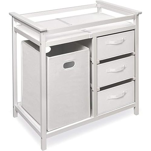 Badger Basket Modern Baby Changing Table with Laundry Hamper, 3 Storage Drawers and Pad, Diaper Change Station - Fresh White/White