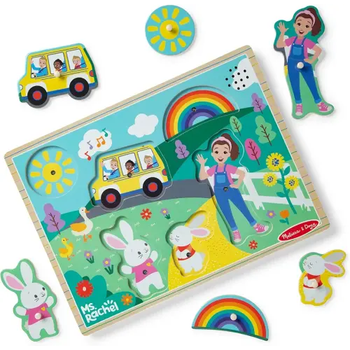 Melissa & Doug Ms. Rachel Wooden Song Peg Puzzle, Light Activated, 6-Piece with Full Songs, Toddler Toys for Boys and Girls Ages 2-5+ Years - FSC Certified
