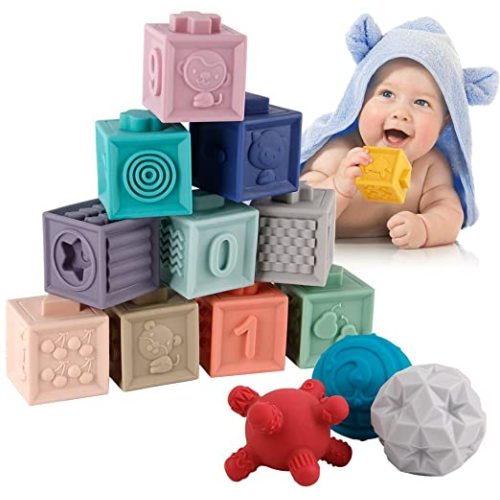BOBXIN 15 PCS Baby Blocks Toys Soft Stacking Blocks Baby Sensory Ball Teether Infant Bath Toys Squeeze Play with Numbers Shapes Animals Fruit and Textures Toy for Babies Toddlers 6 Months