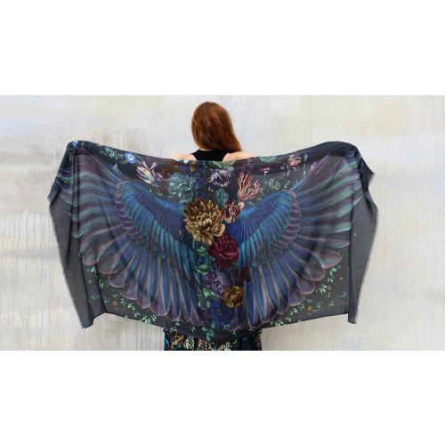 Onyx ~ Bird Wings Shawl, Dark Floral Shawl, Peacock Shawl, Spring Style, Gift For Mom, Rave Pashmina, Easter Gift, Feather Wings Wrap
