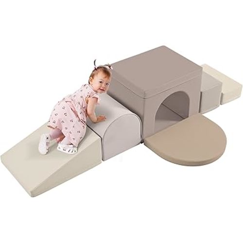 Merax Indoor Soft Foam Tunnel Climber, Toddler Climbing Toys with Tunnel, Steps and Ramp, Soft Climb and Crawl Playset Baby Soft Foam Blocks, 7-Piece