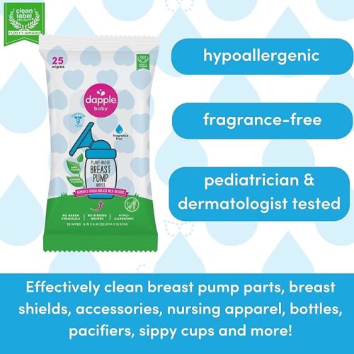 Breast Pump Wipes by Dapple Baby, 25 Count (Pack of 3), Fragrance Free, Plant Based & Hypoallergenic Breast Pump Wipes - Removes Milk Residue, Leaves No Taste - Convenient Wipes Pouch - Unscented