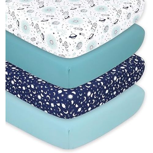 The Peanutshell Baby Crib Sheets 4-Pack for Girl or Boy - Soft, Oval & Fitted Baby Girls or Boys Crib Sheet, Rectangle, Fitted Covers, Halo Mattress - Space