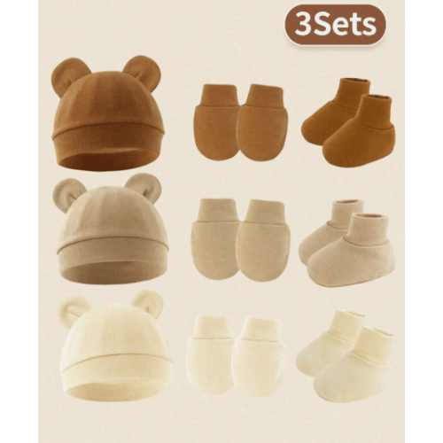 3pcs/Set Newborn Infant Beanies + Anti-Scratch Mittens + Socks Suit In Milk Tea Color For Daily Wear