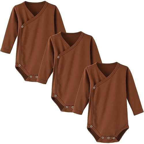 ACESTAR Baby Boy Girl Side Snap Bodysuits - 100% Cotton Plain Long Sleeve Baby Kimono for Newborn-12 Months, 3 Pack