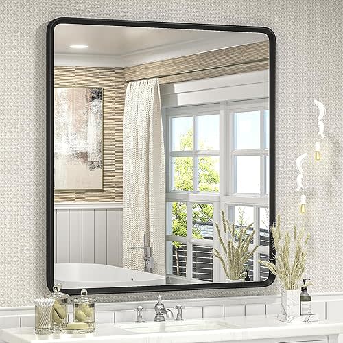 32x36 Black Bathroom Mirror, Black Matte Metal Framed Black Vanity Mirror, Rounded Rectangle Mirror, Anti-Rust, Shatterproof (Horizontal/Vertical)