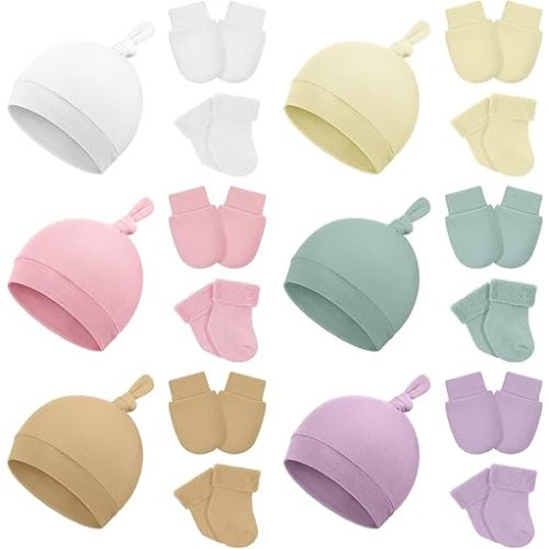 6 Pcs Hats Mittens and Socks Set Cotton Preemie Cap Knotted Hat No Scratch Warm Terry Socks for Boys Girls
