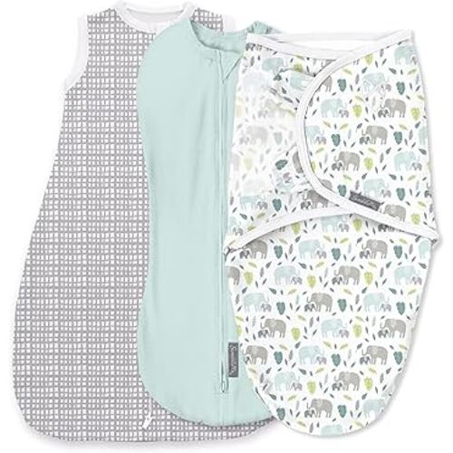 SwaddleMe by Ingenuity Comfort Pack Baby Swaddle Set, Size 0-3 Months, 5-14 Pounds, SwaddleMe Pod, Original Swaddle, Night Sack, 3pk - Baby Elephant