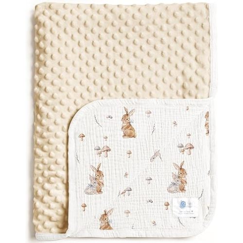 lulumoon Baby Blankets for Newborn Unisex: Thermal Minky Dotted Backing with Bunny Print - Muslin Receiving Blanket for Baby Essential & Registry Gift 30"x40"(Bunny)
