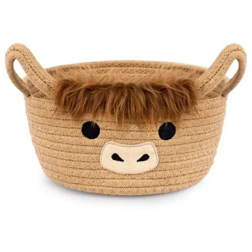 Highland Cute Cow Basket for Nursery, Small Shower Gift Basket, Round Woven Rope Cotton Storage, Baby Blanket 0rganizer with Ears Handles, Blanket Towel Decor Storage Bins, 10.7"D x 4.4"H IN