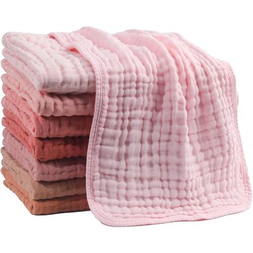 Wenobby Muslin Burp Cloths for Baby Girls - 6 Layer Large 20"x10" Organic Cotton Burping Cloths, Ultra Soft Absorbent, Pack of 8, Spit Up Rags Drool Wash Cloths Baby Essentials Registry