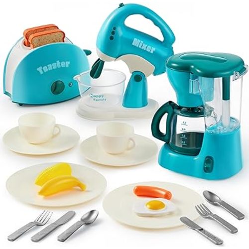 Joyin Play Kitchen Toys, Pretend Play Kitchen Appliances Toy Set with Coffee Maker, Mixer, Toaster with Realistic Lights& Sounds, Birthday Gift for Kids Ages 2 3 4 5, Blue
