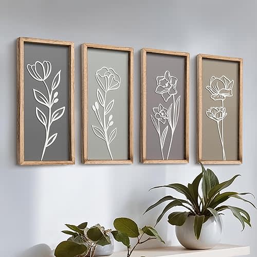 3D Wooden Floral Bathroom Wall Decor (Set of 4) Lightweight, Ready-to-Hang Framed Wall Art For Living Room, Bedroom, or Office - Premium Boho Botanical Farmhouse Decorations - Gift-Boxed
