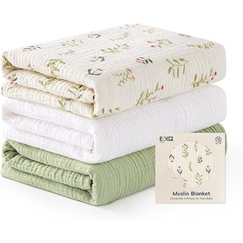EXQ Home Muslin Swaddle Blankets for Baby, 3 Pack Cotton Breathable Soft Receiving Blankets for Newborn Boys and Girls, Baby Essentials & Gift, 38x40 inches(Spreading Floral)