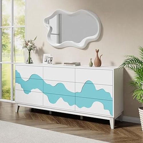 Anbuy Modern 9 Drawer Dresser for Bedroom with Blue Water Stream Design - Versatile Storage Solution for Bedroom, Porch(White and Blue)