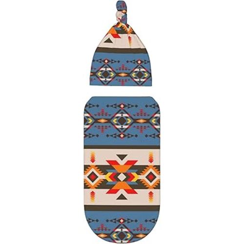 Western Baby Stuff Native American Aztec Navajo Newborn Baby Swaddle Blanket Soft Wrap Sleep Sack with Beanie Hat Gifts for Boy Girl