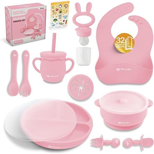 Silicone Baby Feeding Set - Infant Tableware for First Foods & Baby, Led Weaning (0+ Months), Easy to Clean, Durable, Perfect for Baby Boy or Girl, Solid Feeding - Pink - Standard