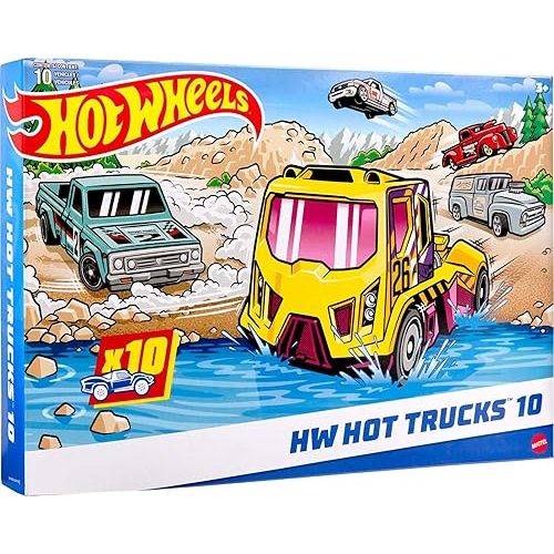 Hot Wheels 10-Pack, Set of 10 Toy Trucks in 1:64 Scale, Mix of Officially Licensed & Unlicensed Pick-Ups, Rescue or Semis (Styles May Vary)