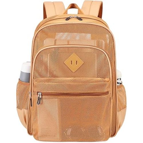 MOONBABY Mesh Backpack Heavy Duty See Through School Backpack Transparent Bookbag for Swimming, Beach, Sports, Work, Travel (Khaki)