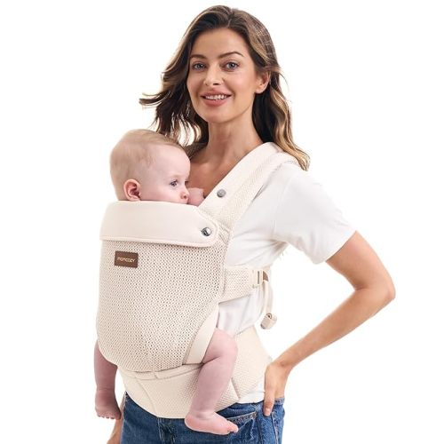 Momcozy Breathable Baby Carrier, Ergonomic and Lightweight Infant Carrier for 7-45lbs with Enhanced Lumbar Support, All Day Comfort for Hands-Free Parenting, Air Mesh-Apricot