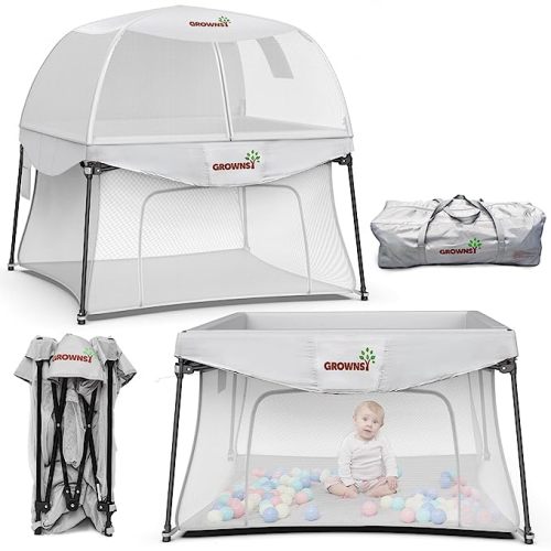 GROWNSY Baby Playpen, Foldable Indoor Outdoor Playpen with Canopy, Portable Playpen for Babies and Toddlers, Play Yard for Indoor/Outdoor, Lightweight and Sturdy, 48×48 Inch, Grey.
