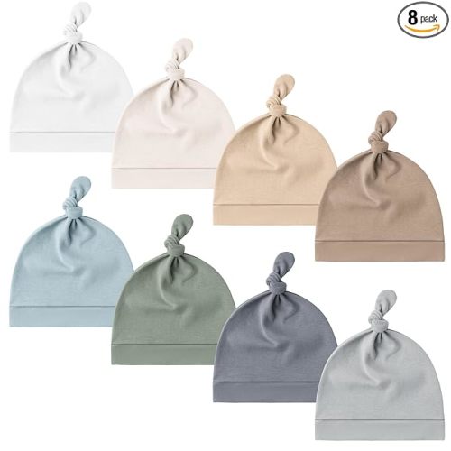 Konssy 8 Pack Baby Newborn Hats, Beanie Hat for Infant Girl Boy 0-6 Months | Knot Sleepy Baby Hats, Buttery Soft & Stretchy Fabric, Preemie & Newborn Hospital Hat, for All Season, (Dark Gray)