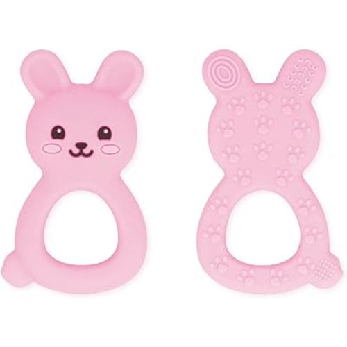 Bunny Teether Toy for Babies 3-12 Months, Soft Silicone Chew Toy for Sore Gums, Freezable & Dishwasher Safe, Easy Grip Teething Relief Gift for Baby Girls and Boys (Pink)