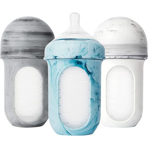 Boon Nursh Reusable Silicone Pouch Baby Bottles - Medium Flow Nipple - Silicone Baby Bottle Pouch and Nipple - Baby Feeding Essentials - Tie Dye - 3-6 Months - 3 Count - 8 Ounce