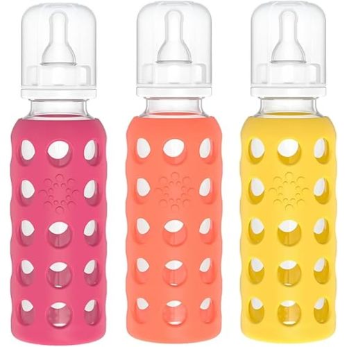 Lifefactory Glass Baby Bottles with Silicone Protection - 3-Pack, 9 oz Bottles, (1- Raspberry, 1- Papaya & 1- Mango)