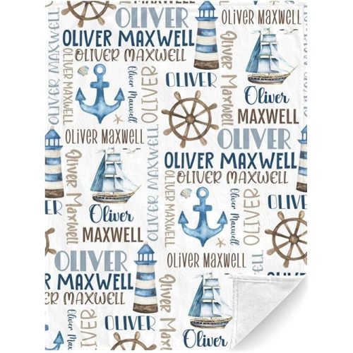 Personalized Baby Blanket for Boys, Custom Baby Blanket with Name, Nautical Blanket Sailboat Anchor Baby Blanket, Nautical Swaddle Blanket for Toddlers Kids Newborn