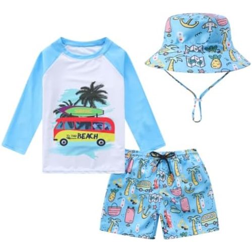 Toddler and Baby Boys' 3-Piece Swimsuit Trunk, Long Sleeve Rashguard Bathing Suit with Hat Set