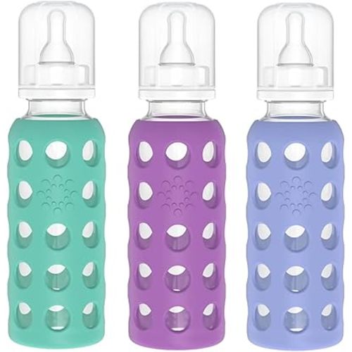 Lifefactory Glass Baby Bottles with Silicone Protection - 3-PACK, 9 Ounce Bottles, (1- Kale, 1- Grape & 1- Blueberry)