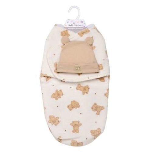 Baby Starters Newborn Wearable Swaddle Blanket With Hat, Teddy Bear Print, 0-3m