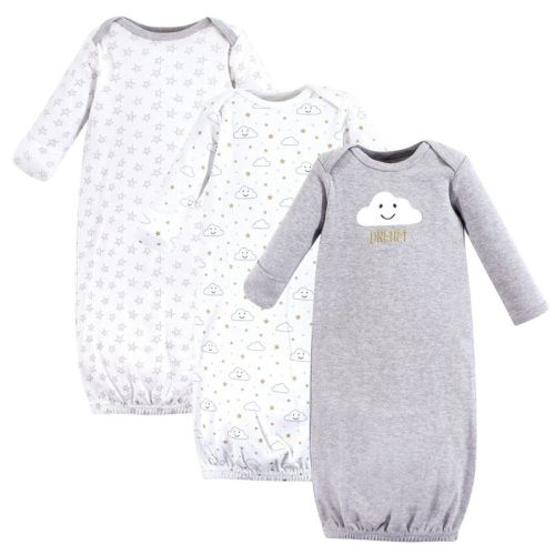 Hudson Baby Infant Cotton Long-sleeve Gowns 3pk, Gray Clouds, 0-6 Months