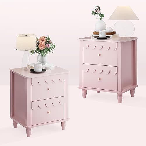 Anbuy Pink Nightstand Set of 2 with Petal Pattern, Modern Night Stand Set 2 with 2 Drawers for Bedroom, Side End Table Scalloped Bedside Night Tables with Solid Wood Legs