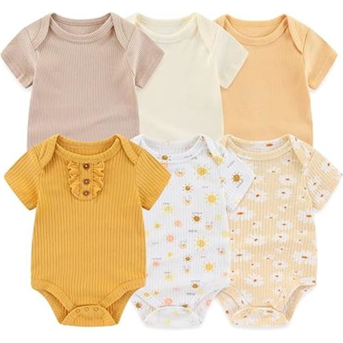 Baby Bodysuit 6 Pack Soft Mixed Ribbed Short Sleeve Romper Infant Boy Girl Clothes Set