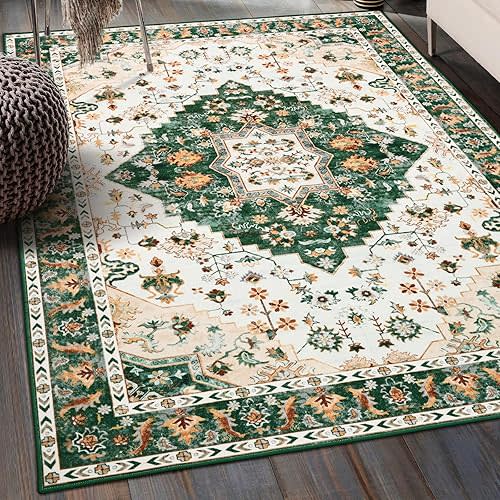 Amearea Vintage Design Area Rugs for Living Room, 5x8 Machine Washable Floral Collection Traditional Bedroom Rug, Low Pile Cute Kids Room Print Carpet, No Slip Office Kitchen Home Decor, Green
