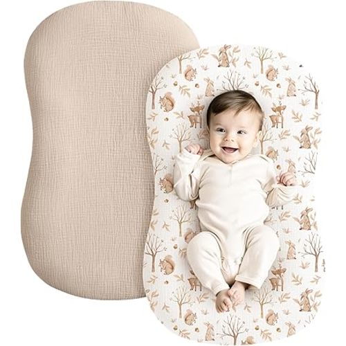 Konssy Muslin Baby Lounger Cover 2 Pack, 100% Cotton Newborn Lounger Cover, Soft and Breathable Lounger Cover for Boys Girls, Covers Only (Fall Forest,Wheat)