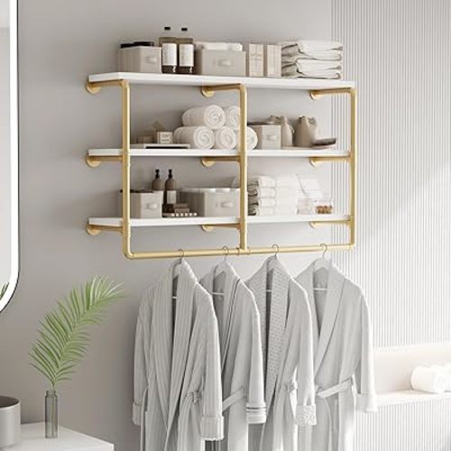 Gold Clothing Rack with Shelves Industrial Pipe Clothing Rack Wall Mounted Rustic Storage Shelf for Bedroom, Living Room,Bathroom-48''L Gold