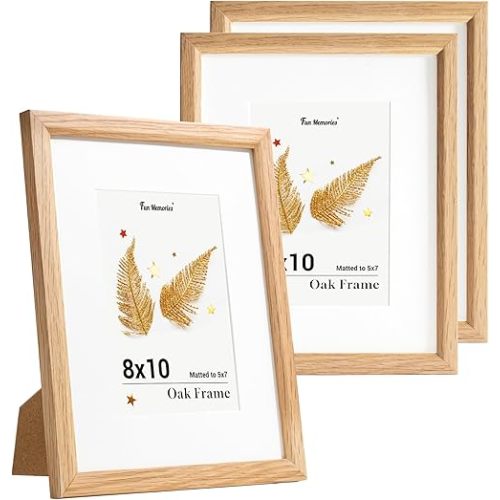 8x10 Oak Picture Frame for Wall, 8x10 Frame with Matted to 5x7, Solid Wood Picture Frames for Wall Art Photo and Prints (Beige, 3 Pack)