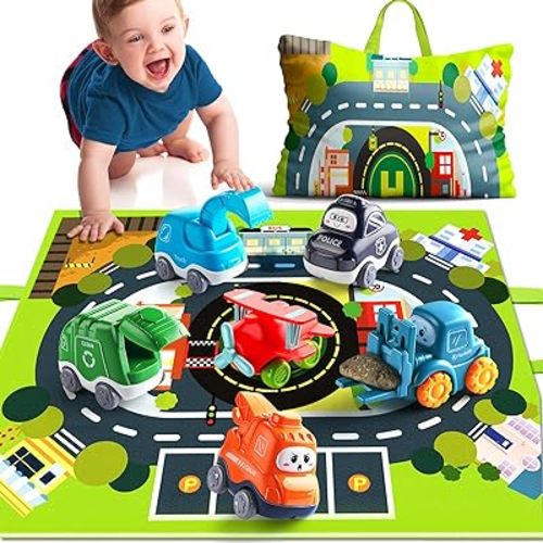 Cartoon Truck Car Toys for 1 Year Old Boy with Playmat (Storage Bag)|Baby Toys 12-18 Months|Toddler Toys Age 1-2|First Birthday Gift for 1 2 Year Old Boy
