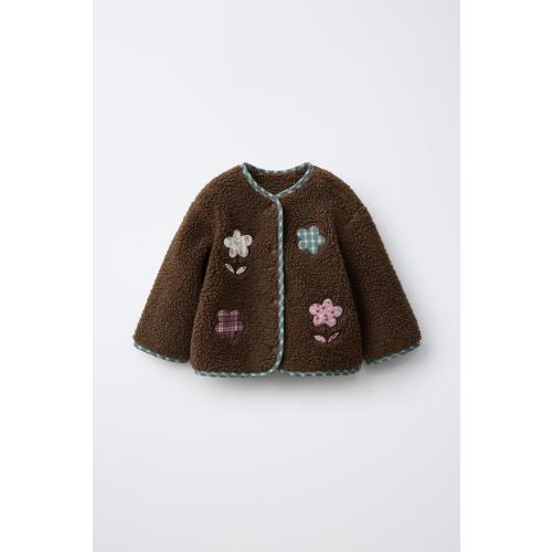 FAUX SHEARLING JACKET WITH FLORAL PATCHES - Brown | ZARA United States