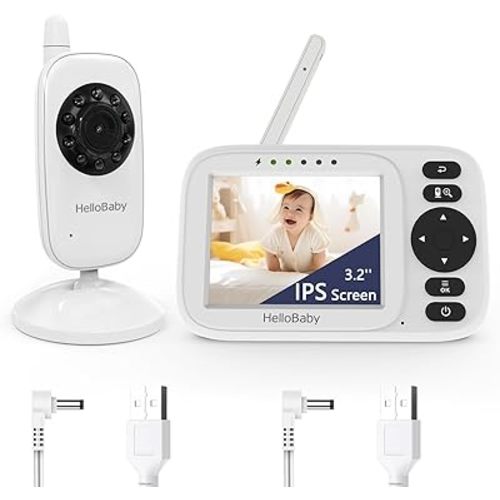 HelloBaby Baby Monitor No WiFi, 3.2'' IPS Screen, Auto Night Vision, Manual Baby Camera Adjustment, 1000ft/305m Range, ECO/VOX Audio Mode, Feeding Reminder, USB Charging Cable, HB2438